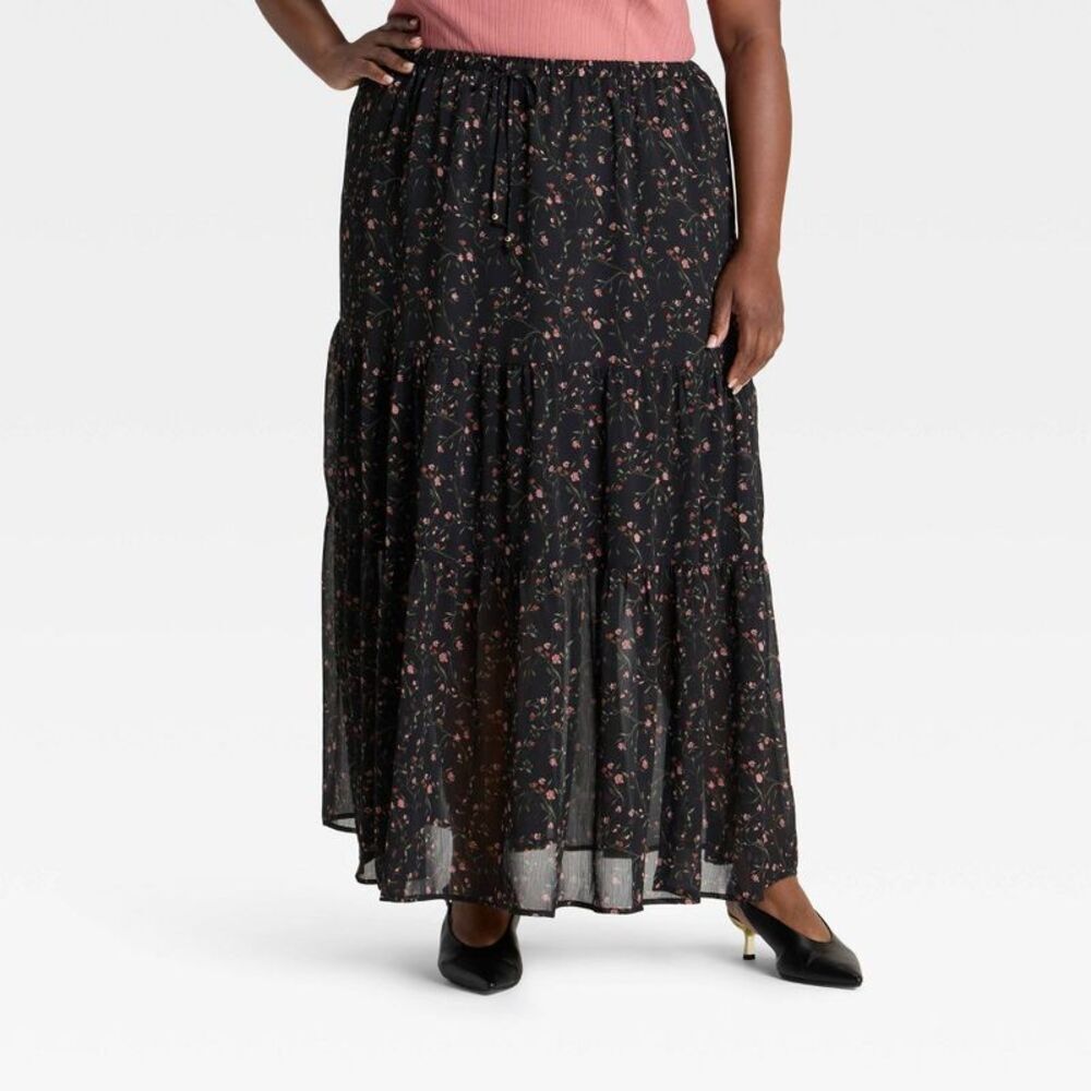 Women's Chiffon Maxi A-Line Skirt - Ava & Viv Black Floral 4X